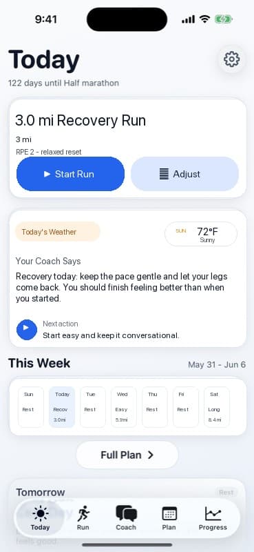 Kouri Today screen with a recovery run and weekly plan